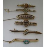 Edwardian 9ct gold bar brooches. Six Edwardian bar brooches set with gems and pearls. Approx