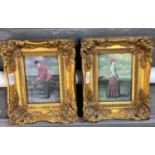 Pair of modern reproduction prints depicting male and female golfers, in heavy gilt frames.