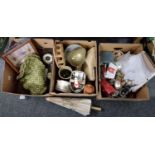 Three boxes of assorted items to include: wall barometers, cased model of a miniature ship, Welsh