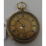 19th century 18ct gold fancy key wind lever fob watch with foliate decoration to the back and engine