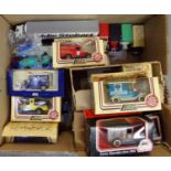 Collection of promotional diecast model vehicles, some in boxes, some in display case: Ledo etc,