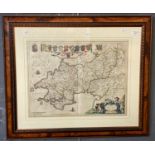 John Blaeu original sparsely coloured map of Pembrokeshire and Carmarthenshire. 44x53cm approx.