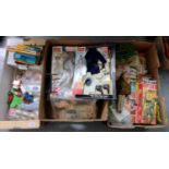 Box of toys and similar items, to include: metal toy crane, metal and plastic cars/vehicles,