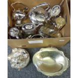 Box of silver plate items, to include: basket, coffee pot, egg stand and egg cups (two of the egg