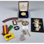 Collection of GB silver coins and some military items: medallions, uniform patches, cap badges,