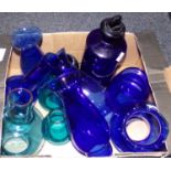 Box of assorted coloured glass, mostly Bristol Blue in colour, to include: oil lamp chimneys,