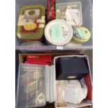 Two large boxes of on and off paper all World stamps in various plastic boxes, tins and loose. 1000s