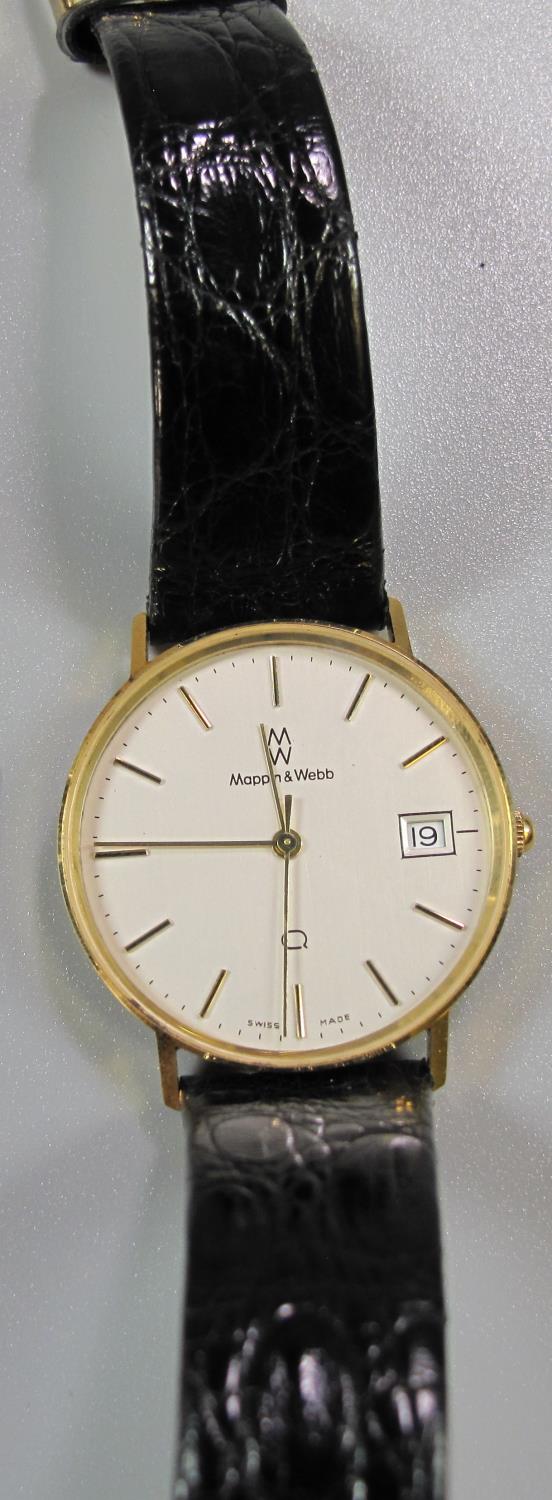 9ct gold Mappin and Webb quartz gentleman's wristwatch with satin face, baton numerals and date