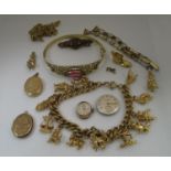 Collection of gold back and front and gold plated costume jewellery, bangle, charm bracelet etc (B.