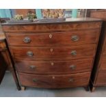 19th century mahogany inlaid bow front chest of four long drawers on bracket feet. 110x55x105cm