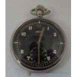 Recta nickel plated military pocket watch with black face, luminous numerals and seconds dial. War