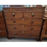 19th century mahogany straight front chest of two short and three long drawers having turned handles