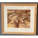 Coloured print, sheep in a pen, bearing indistinct signature. Framed and glazed. (B.P. 21% + VAT)