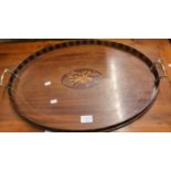 Edwardian mahogany and mixed inlaid two handled butler's tray of oval form. (B.P. 21% + VAT)