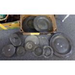 Box of 19th and 20th Century pewter to include; chargers, hot water bottle, hot water plate,