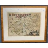 John Blaeu original sparsely coloured map of Pembrokeshire and Carmarthenshire. 41x53cm approx.