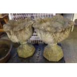 Pair of weathered reconstituted stone shell design pedestal jardinières. 59cm high approx. (B.P. 21%