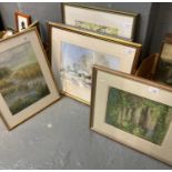 Group of assorted watercolours including; canal bridge, landscapes etc, one particularly a farmstead