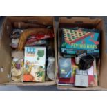 Two boxes of vintage games and toys, to include: 'Flying Hats' game, 'Electric Quizmaster' board
