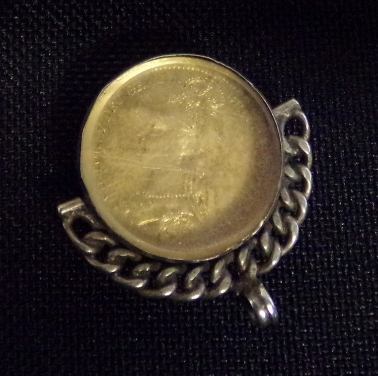 Silver framed spinning fob containing a Victorian gold coloured coin with enamelled decoration, - Image 2 of 5