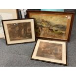 Large framed oleograph, cattle in a Lochside landscape together with two sepia prints after George