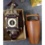 Box of mixed items to include: a modern wall clock with metal figural detail and a wooden wine