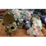 Tray containing money boxes, ceramic and metal: Peter John Product frog money box, Nat West Pigs