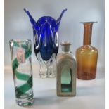 Collection of art glass vases, blue Murano design cylinder swirl vase, mallet shaped vase etc. (