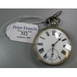 Silver plated open faced pocket watch, with enamel face and Roman numerals. With key. (B.P. 21% +