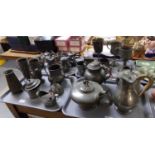Four trays of antique pewter, mainly 19th century, to include: water jugs, kettle, hot chocolate