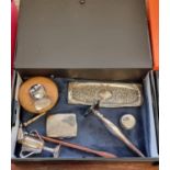Box file of silver hallmarked items, to include: silver cigarette case, silver trophy,
