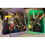 Two plastic boxes of assorted carpenters and other hand tools, together with a metal