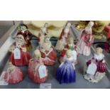 Two trays of Royal Doulton and other figures full size and miniature to include: 'Paisley Shawl', '