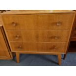 Mid century 'Meredew Furniture' oak bedroom straight front chest of three drawers. (B.P. 21% + VAT)