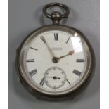 Silver key wind lever open faced pocket watch with Roman enamel face and seconds dial, marked '