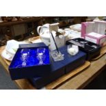 Three trays of glassware and china, to include: Bohemia Crystal boxed wine glasses, Welsh Royal