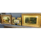 Three furnishing prints in gilded frames. Harvesting scene, marine study and ducks on a stream. (