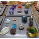 Two trays of glass paperweights, to include: millefiori, two Adrian Sankey one in the shape of an