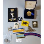 Collection of GB silver coins and military items to include: boxed medallions, uniform patches,