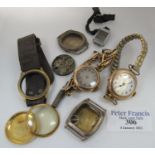 Group of scrap gold and other ladies and gents wristwatches contained in a small Boots tin. (B.P.
