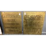 Two brass Bank signs, 'Canterbury Bank, Established 1788' an 'Lloyds Bank Ltd.'. 58x46cm approx. (2)