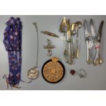 Small collection of costume jewellery, silver and other cutlery items, to include: small filigree