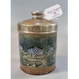 Royal Doulton Art Nouveau stoneware tobacco jar and cover with silver handle and silver banding. (