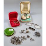 Collection of silver jewellery, 9ct gold ring and pendant, Arts and Crafts pottery brooch etc. (B.P.