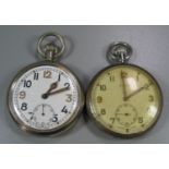 Two nickel plated British military issue keyless top wind pocket watches, each with Arabic