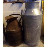 A vintage steel garage can with swing handle together with an aluminium milk churn. (2) (B.P.