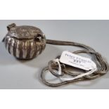 Indian white metal repousse decorated cushion shaped box on chain. 2.9 troy ozs approx. (B.P.