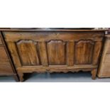 18th century oak coffer, the moulded top above three ogee panels, shaped frieze on later bracket