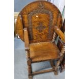 Early 20th century carved oak Monk's bench/armchair, on barley twist supports. (B.P. 21% + VAT)