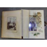Moroccan leather and gilt bound Victorian photo album musical box containing; various photographs,